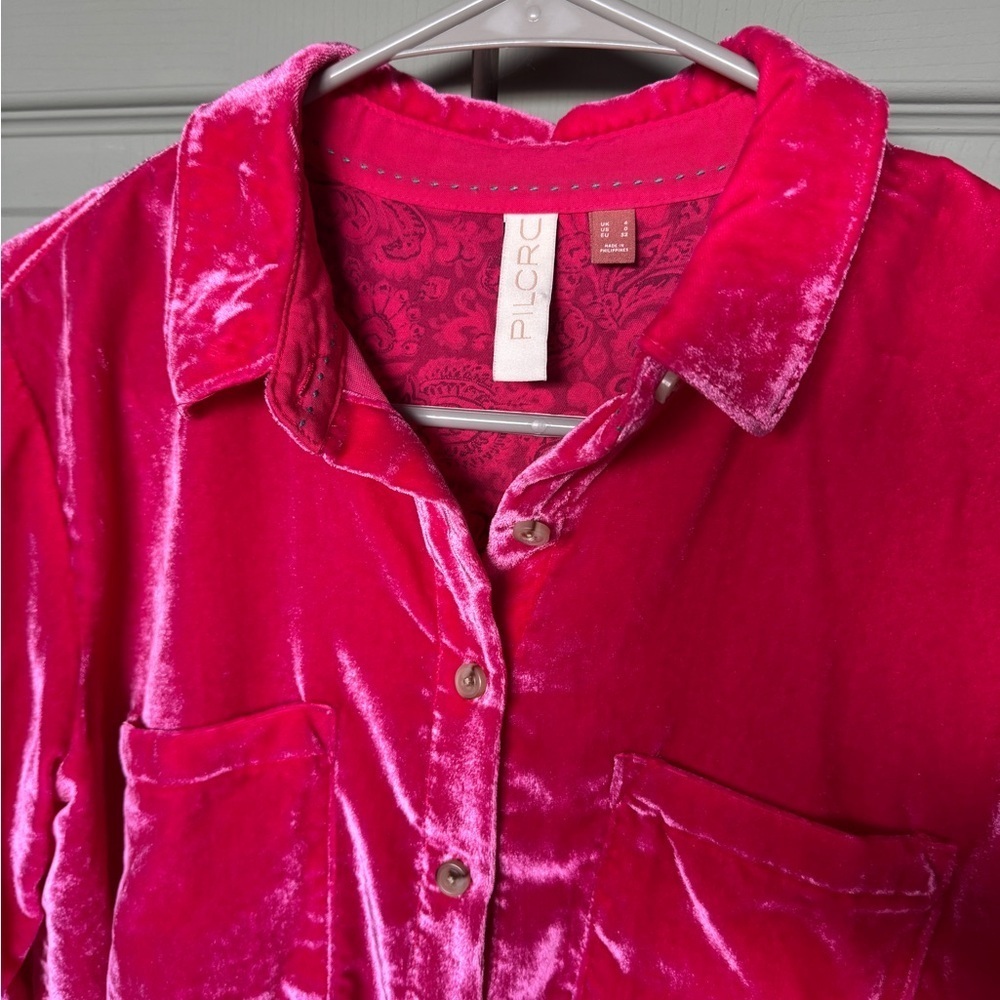Pilcro Hadley for Anthropologie Pink Velvet Button-Up Shirt - Picture 3 of 3